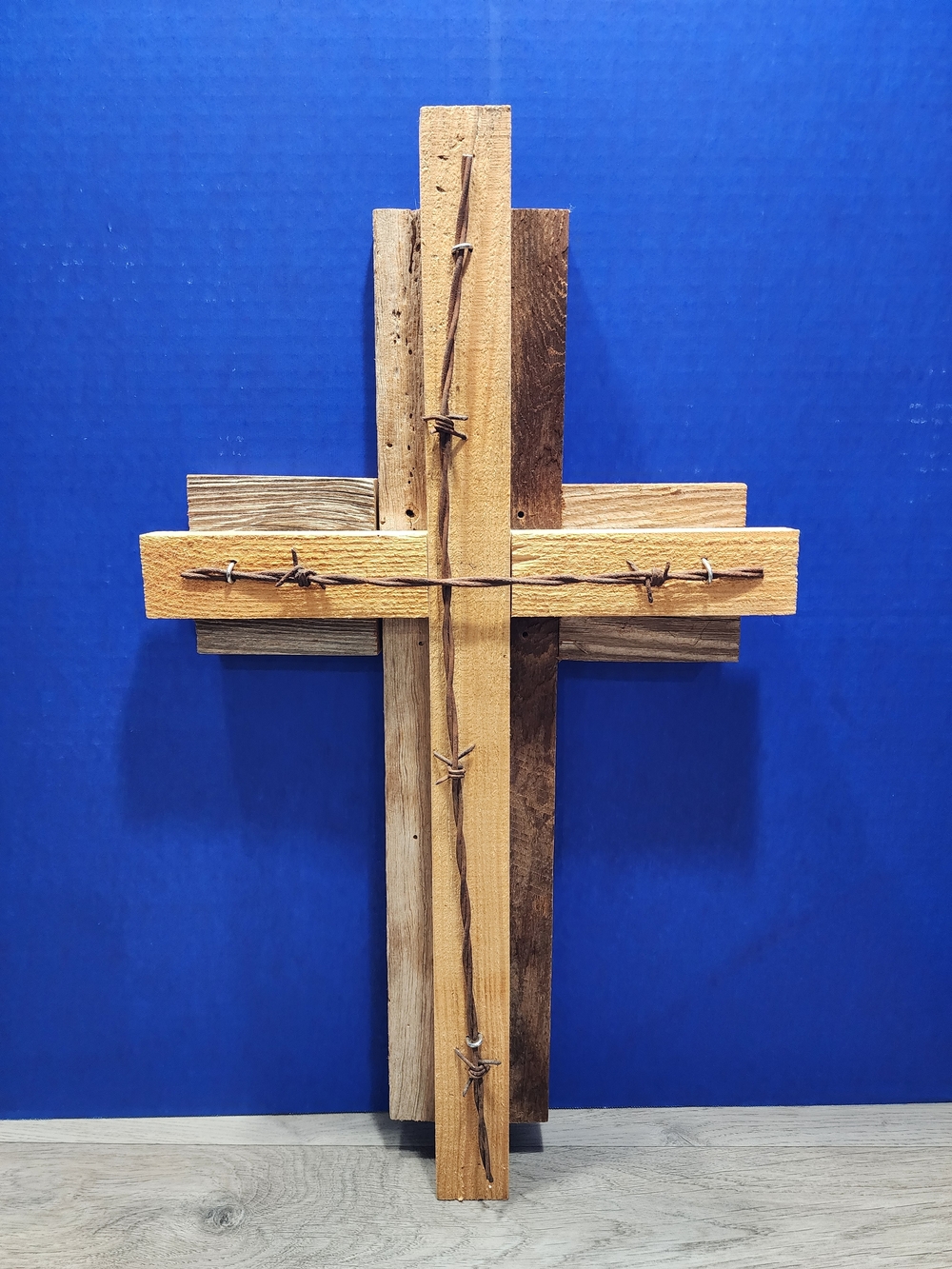 Handmade Rustic Country Wooden Cross with Weathered Barbwire Center Accent